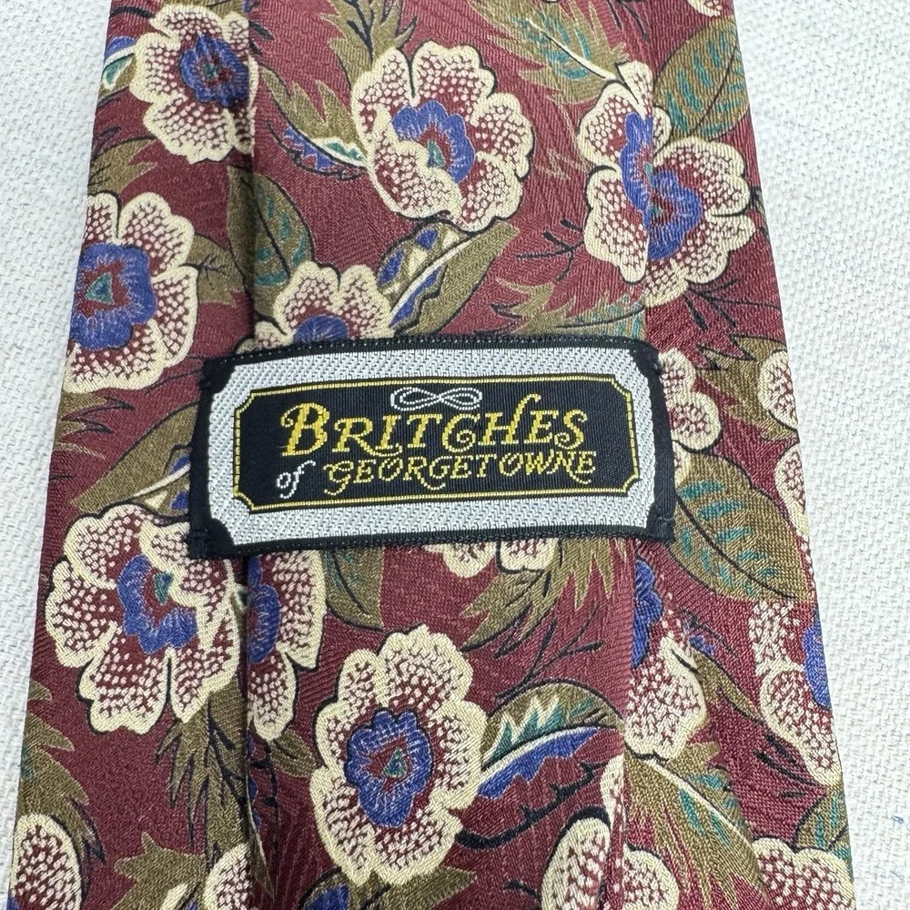 Britches of Georgetowne Floral Tie‎ Mens OS Burgundy Silk Vintage Dark Academia
